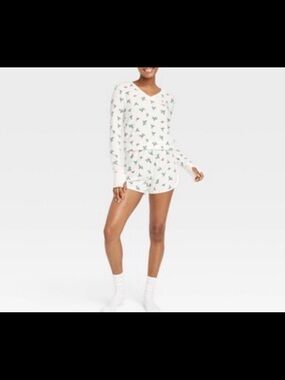 Floral Pajama Set - White with Green and Pink Accents